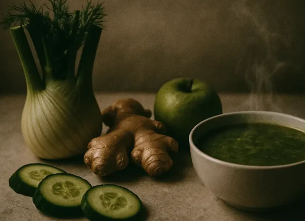 Ciotola con zuppa detox a base di finocchio zenzero e verdure fresche su un tavolo da cucina