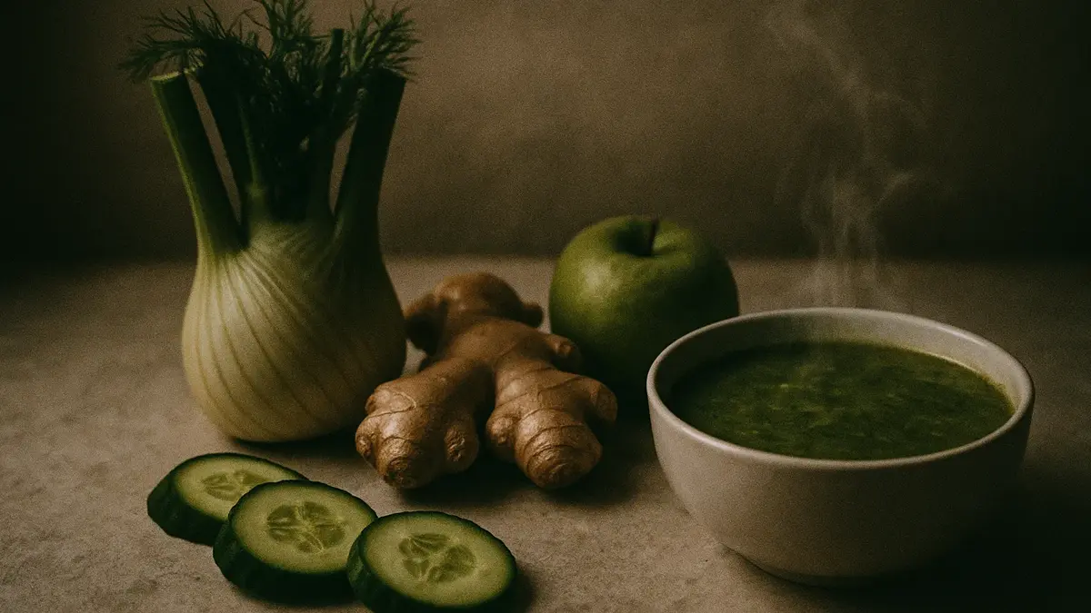 Ciotola con zuppa detox a base di finocchio zenzero e verdure fresche su un tavolo da cucina