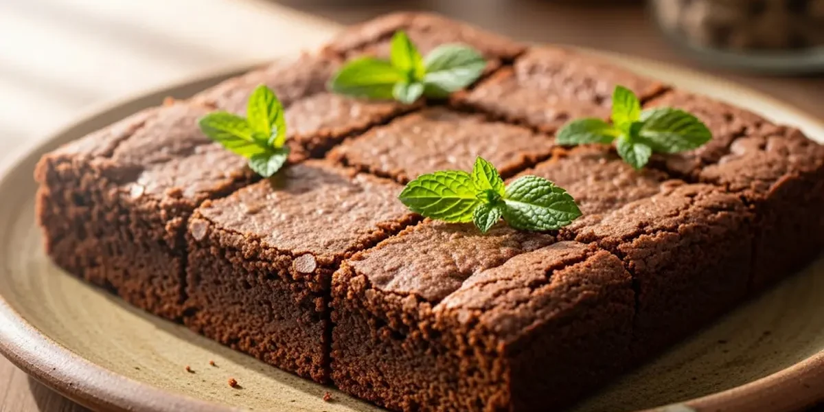 Un brownie senza zucchero tagliato in porzioni quadrate su un piatto rustico