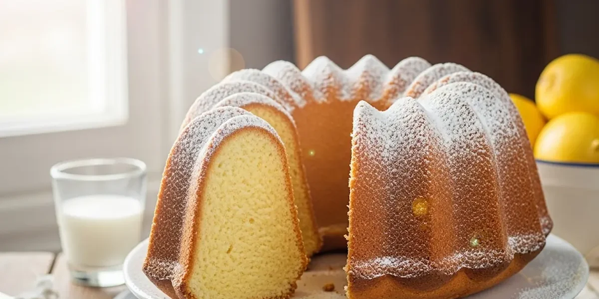 Un ciambellone alto e dorato con una spolverata di zucchero a velo