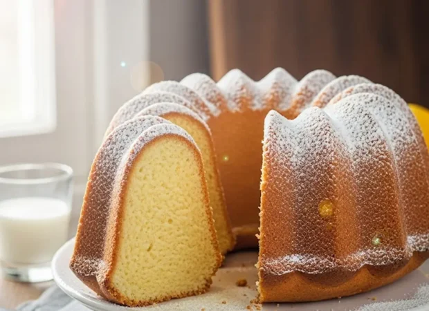 Un ciambellone alto e dorato con una spolverata di zucchero a velo